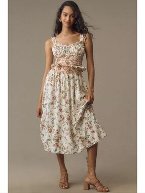 Anthropologie Sleeveless Smocked-Waist Ruffled Midi Dress in Neutral